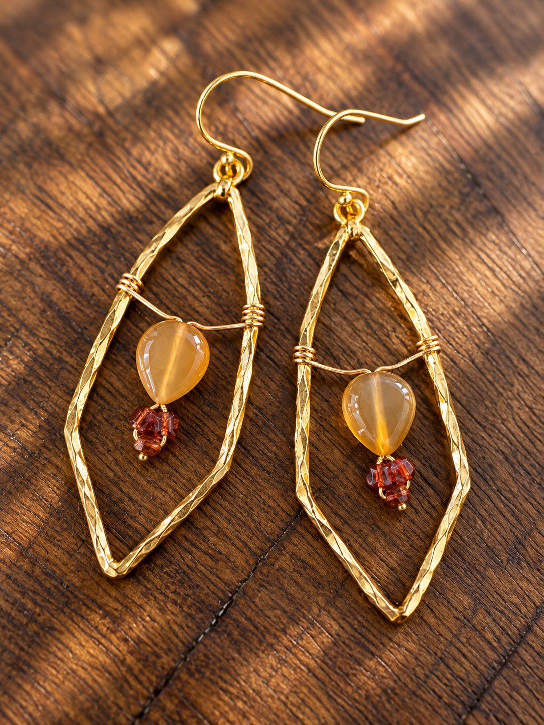 Autumn Canopy Statement Earrings - hammered leaf design, carnelian and garnet