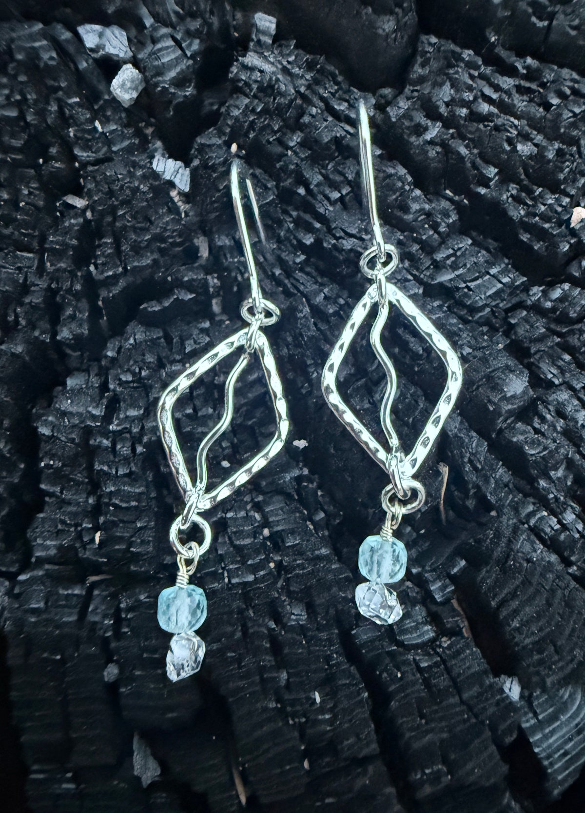 Ridgeline Water Earrings - blue topaz and Herkimer diamond hammered sterling silver