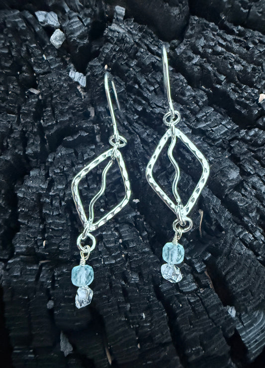 Ridgeline Water Earrings - blue topaz and Herkimer diamond hammered sterling silver