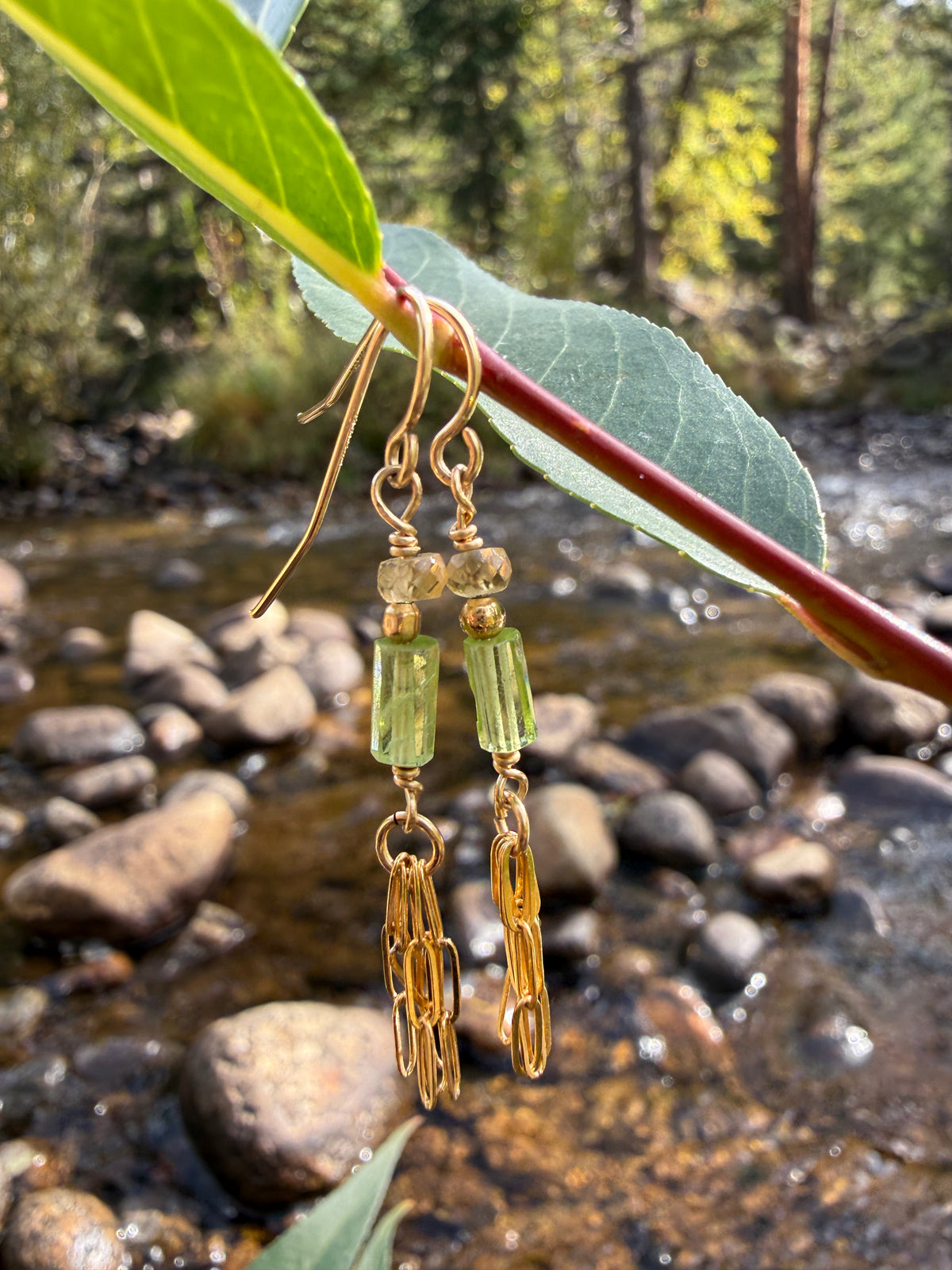 Willow Bend earrings hanging from a willow leaf beside a mountain stream